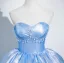 Fashion Sky Blue Pearl Rhinestone Prom Dresses 2025 Ball Gown Strapless Sleeveless Backless Court Train Satin Prom Formal Dresses