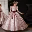 Lovely Blushing Pink Flower Girl Dresses Glitter 2024 Ball Gown Square Neckline Short Sleeve Bow Sash Floor-Length / Long