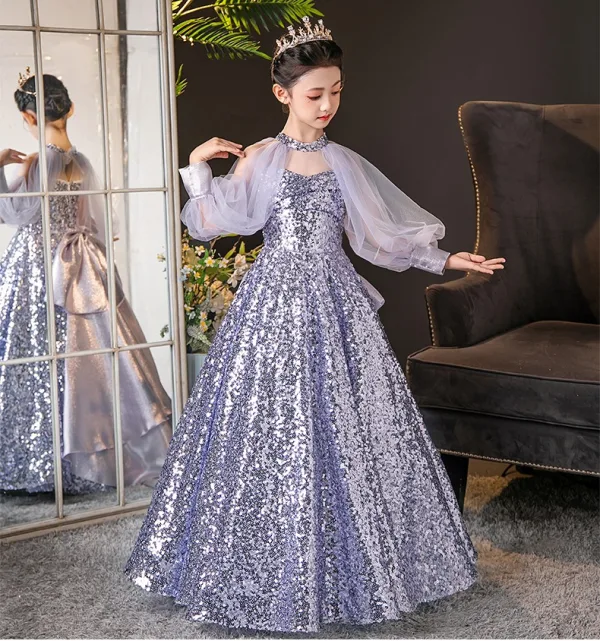 Sparkly Lavender Bow Sequins Birthday Flower Girl Dresses 2025 Ball Gown High Neck Long Sleeve Sweep Train