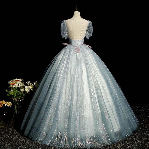 Elegant Grey Beading Pearl Lace Flower Prom Dresses 2023 Ball Gown Scoop Neck Tassel Short Sleeve Backless Floor-Length / Long Prom Formal Dresses