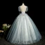 Elegant Grey Beading Pearl Lace Flower Prom Dresses 2023 Ball Gown Scoop Neck Tassel Short Sleeve Backless Floor-Length / Long Prom Formal Dresses