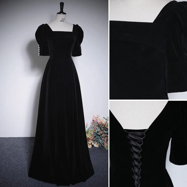 Elegant Black Velvet Prom Dresses 2023 A-Line / Princess Square Neckline Pearl Short Sleeve Backless Formal Dresses Prom Floor-Length / Long