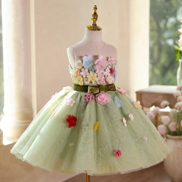 Flower Fairy Sage Green Appliques Short Birthday Flower Girl Dresses 2025 Ball Gown Scoop Neck Sleeveless Backless Bow Sash Tulle