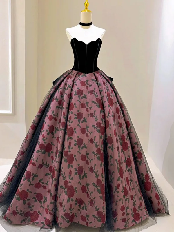 Élégant Noire Impression Robe De Bal 2025 Robe Boule Bustier Sans Manches Dos Nu Noeud Train De Balayage Promo Robe De Ceremonie