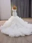 Charming Luxury / Gorgeous White Beading Pearl Rhinestone Cascading Ruffles Wedding Dresses 2025 Trumpet / Mermaid Strapless Sleeveless Backless Royal Train Wedding