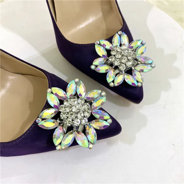 Chic / Beautiful Satin Purple Rhinestone Pumps 2022 Cocktail Party 12 cm Stiletto Heels Pointed Toe Pumps High Heels