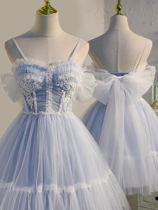 Chic / Belle Bleu Ciel Volants Perle En Dentelle Fleur Anniversaire Robe De Fête 2022 Princesse Bretelles Spaghetti Sans Manches Dos Nu Noeud Longue Cocktail Robe De Ceremonie