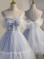 Chic / Belle Bleu Ciel Volants Perle En Dentelle Fleur Anniversaire Robe De Fête 2022 Princesse Bretelles Spaghetti Sans Manches Dos Nu Noeud Longue Cocktail Robe De Ceremonie