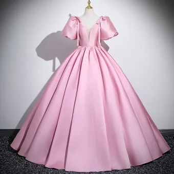 Elegant Blushing Pink Satin Prom Dresses 2025 Ball Gown V Neck Puffy Short Sleeve Backless Floor Length Long Prom Formal Dresses