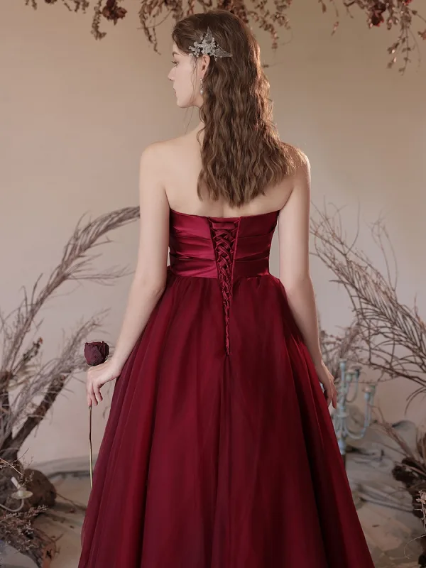 Chic / Beautiful Burgundy Appliques Prom Dresses 2024 A-Line / Princess Strapless Sleeveless Backless Floor-Length / Long Prom Formal Dresses