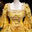 High-end Medieval Vintage / Retro Gold Cascading Ruffles Sequins Lace Flower Prom Dresses 2025 Ball Gown Square Neckline Bell sleeves Backless Floor-Length / Long