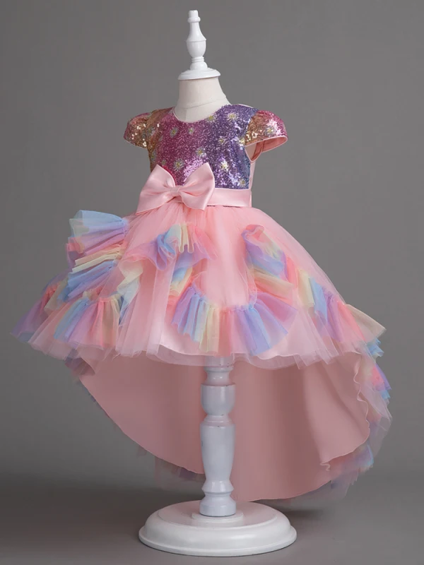 Chic / Beautiful Candy Pink Sequins Bow Sash Asymmetrical Birthday Flower Girl Dresses 2024 Ball Gown Scoop Neck Short Sleeve
