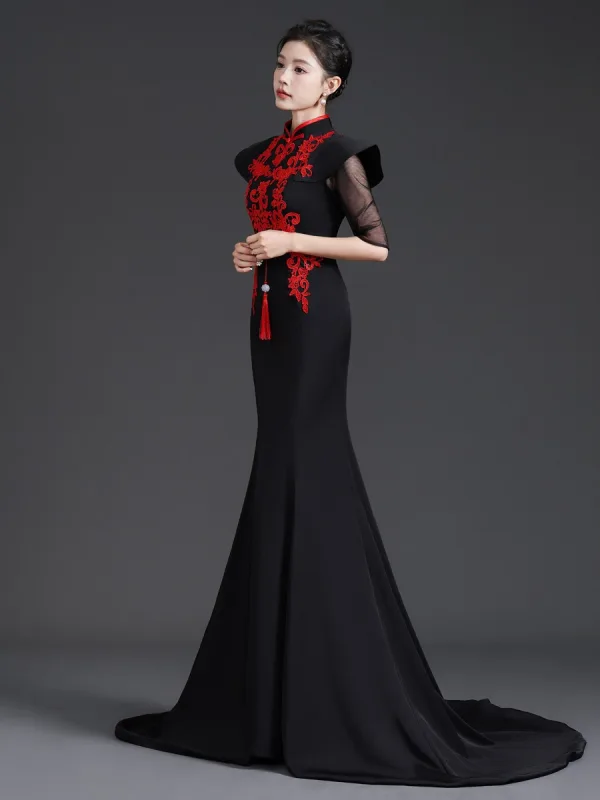 Chinese style Black Lace Flower Cheongsam Evening Dresses 2025 Trumpet / Mermaid High Neck 1/2 Sleeves Sweep Train Evening Party Cheongsam / Qipao