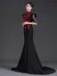 Chinese style Black Lace Flower Cheongsam Evening Dresses 2025 Trumpet / Mermaid High Neck 1/2 Sleeves Sweep Train Evening Party Cheongsam / Qipao