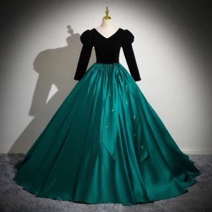 Vintage Originale Vert Foncé Satin Robe De Bal 2024 Robe Boule V Cou Manches Longues Dos Nu Longue Promo Robe De Ceremonie