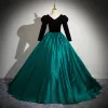 Vintage / Retro Dark Green Satin Prom Dresses 2024 Ball Gown V-Neck Long Sleeve Backless Floor-Length / Long Prom Formal Dresses