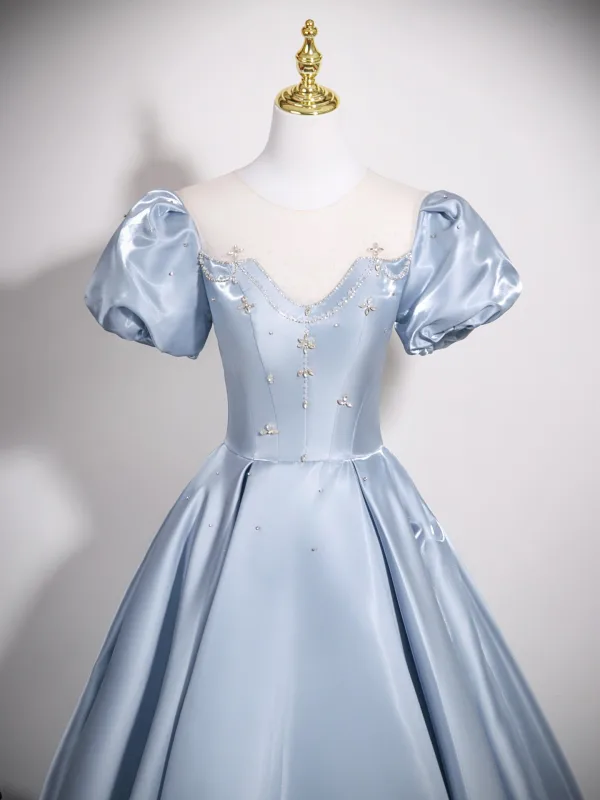 Elegant Sky Blue Rhinestone Satin Prom Dresses 2025 Ball Gown Scoop Neck Puffy Short Sleeve Backless Floor-Length / Long Formal Dresses