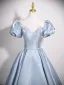 Elegant Sky Blue Rhinestone Satin Prom Dresses 2025 Ball Gown Scoop Neck Puffy Short Sleeve Backless Floor-Length / Long Formal Dresses