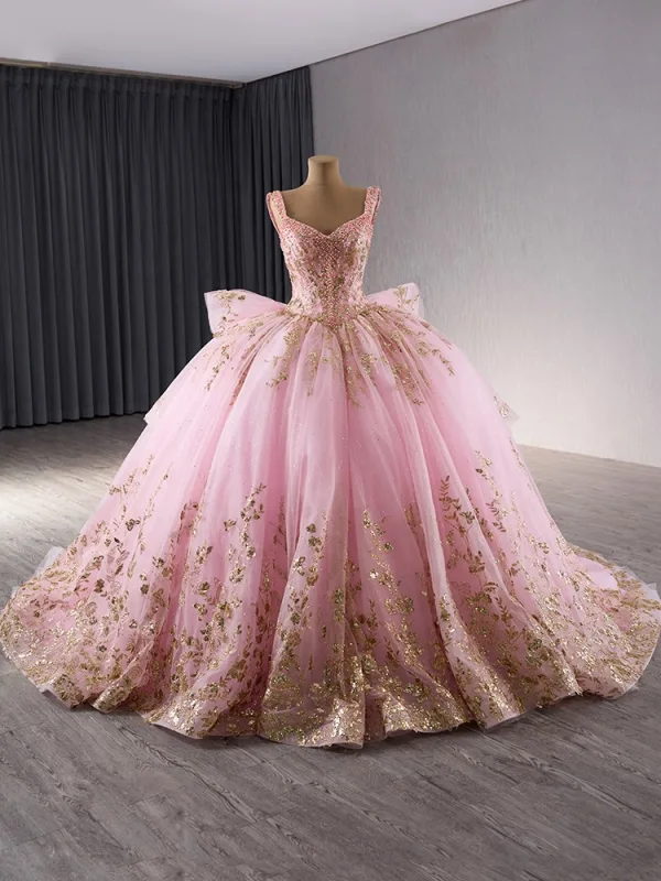 Haut de Gamme Rose Bonbon Fait main Perlage Perle Paillettes Volants en Cascade Robe De Bal 2024 Robe Boule Encolure Carrée Sans Manches Dos Nu Tribunal Train Promo Robe De Ceremonie