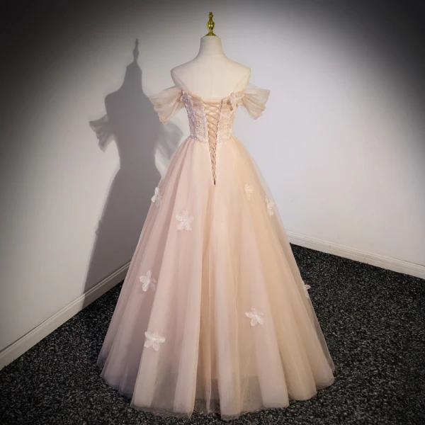 Mode Champagne Appliques Paillettes Robe De Bal 2023 Princesse De l'épaule Manches Courtes Dos Nu Longue Robe De Ceremonie