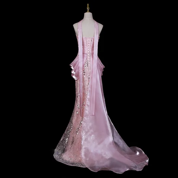 Fantaisiste Rose Bonbon Perlage Faux Diamant Paillettes Robe De Soirée 2026 Satin Trompette / Sirène Bustier Sans Manches Dos Nu Train De Balayage Robe De Ceremonie