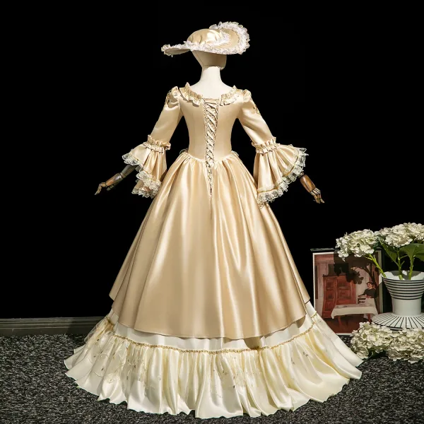 Vintage / Retro Medieval Champagne Lace Flower Sequins Prom Dresses 2025 Ball Gown Square Neckline Cap Sleeves Floor-Length / Long Prom Formal Dresses