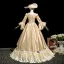 Vintage / Retro Medieval Champagne Lace Flower Sequins Prom Dresses 2025 Ball Gown Square Neckline Cap Sleeves Floor-Length / Long Prom Formal Dresses