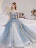 Stunning Sky Blue Prom Dresses 2021 A-Line / Princess Scoop Neck Sleeveless Glitter Ruffle Tulle Floor-Length / Long Evening Party Formal Dresses