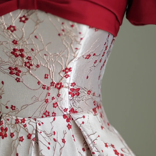 Elegant Burgundy Printing Satin Prom Dresses 2023 A-Line / Princess Square Neckline Bow Puffy Short Sleeve Backless Floor-Length / Long Formal Dresses