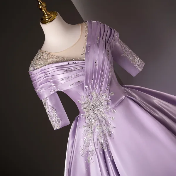 Vintage / Retro Elegant Lavender Beading Sequins Prom Dresses 2025 Ball Gown Scoop Neck Short Sleeve Backless Floor-Length / Long Formal Dresses