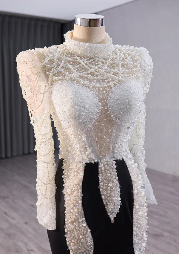 Haut de Gamme Deux tons Blanche Noire Fait main Perlage Perle Paillettes Robe De Soirée 2024 Trompette / Sirène Col Haut Manches Longues Tribunal Train Soirée