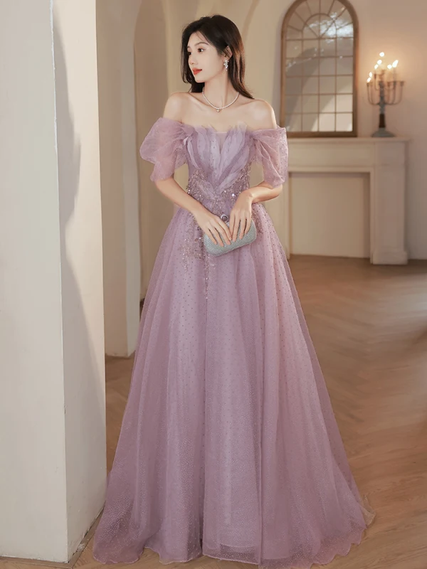 Charmant Violet Perlage Paillettes Robe De Soirée 2023 Princesse Bretelles Spaghetti Manches Courtes Dos Nu Longue Soirée Robe De Ceremonie