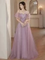 Charmant Violet Perlage Paillettes Robe De Soirée 2023 Princesse Bretelles Spaghetti Manches Courtes Dos Nu Longue Soirée Robe De Ceremonie