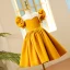 Chic / Beautiful Yellow Pearl Birthday Short Flower Girl Dresses 2023 Scoop Neck Puffy Short Sleeve Flower Girl Dresses