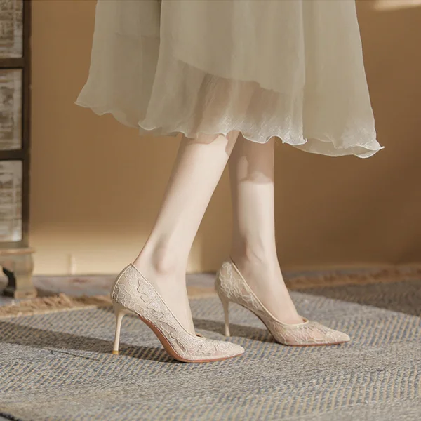 Chic / Belle Noire En Dentelle Faux Diamant Soirée Cuir Escarpins 2022 8 cm Talons Aiguilles À Bout Pointu Escarpins Talons Hauts