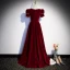 Elegant Burgundy Suede Prom Dresses 2023 A-Line / Princess Square Neckline Pearl Sequins Short Sleeve Floor-Length / Long Prom Formal Dresses