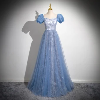 Chic Belle Bleu Ciel Paillettes Robe De Bal 2024 Princesse Encolure Carrée Manches Courtes Dos Nu Longue Promo Robe De Ceremonie