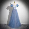 Chic / Belle Bleu Ciel Paillettes Robe De Bal 2024 Princesse Encolure Carrée Manches Courtes Dos Nu Longue Promo Robe De Ceremonie