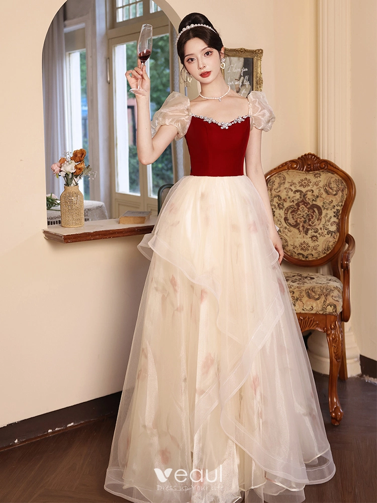 cream and burgundy prom dresses Portia & Scarlett Two Piece Floral Corset Prom Dress PS26088 Cream / 0