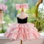 Chic / Beautiful Blushing Pink Pearl Cascading Ruffles Short Birthday Flower Girl Dresses 2024 Ball Gown Strapless Sleeveless Backless Flower Girl Dresses