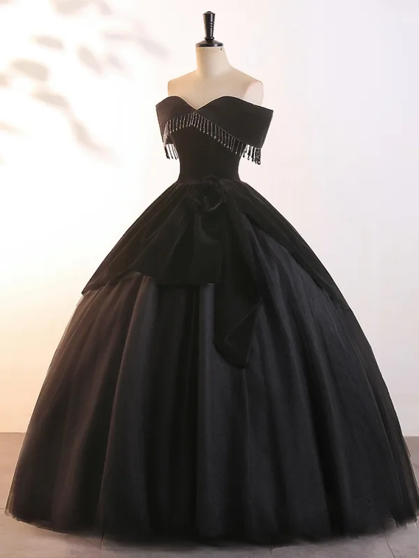 Demure Black Beading Tassel Prom Dresses 2025 Ball Gown Off-The-Shoulder Sleeveless Backless Floor-Length / Long Prom Formal Dresses