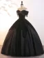 Demure Black Beading Tassel Prom Dresses 2025 Ball Gown Off-The-Shoulder Sleeveless Backless Floor-Length / Long Prom Formal Dresses