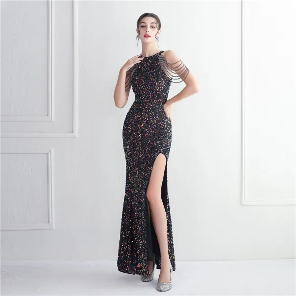 Sexy Doré Perlage Paillettes Fendue devant Robe De Soirée 2024 Trompette / Sirène Encolure Dégagée Sans Manches Dos Nu Longue Soirée Robe De Ceremonie