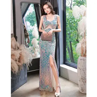 Scintillantes Multi Couleurs Robe De Soirée 2022 Trompette Sirène Encolure Carrée Sans Manches Dos Nu Noeud Train De Balayage Fendue Devant Soirée Robe De Ceremonie