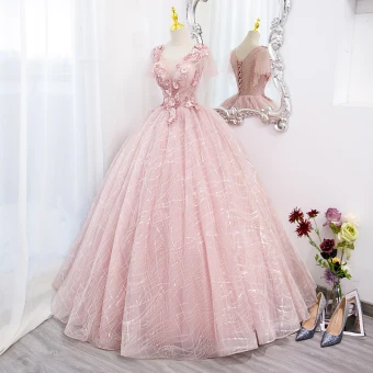 Élégant Rougissant Rose Perle En Dentelle Fleur Robe De Bal 2022 Robe Boule Encolure Dégagée Manches Courtes Dos Nu Longue Promo Robe De Ceremonie