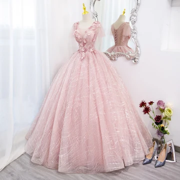 Elegante Blozen Roze Parel Kant Bloem Galajurken 2022 Baljurk Ronde Hals Korte Mouwen Ruglooze Lange Gala Gelegenheid Jurken