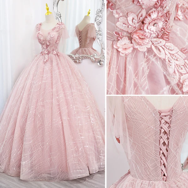 Elegante Blozen Roze Parel Kant Bloem Galajurken 2022 Baljurk Ronde Hals Korte Mouwen Ruglooze Lange Gala Gelegenheid Jurken