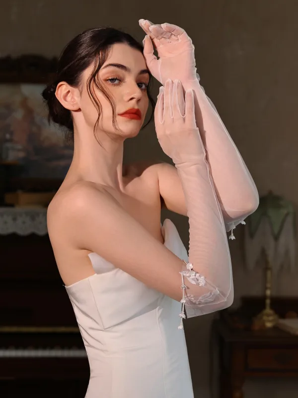 Elegant White Lace Flower Wedding Bridal Gloves Tulle 2025