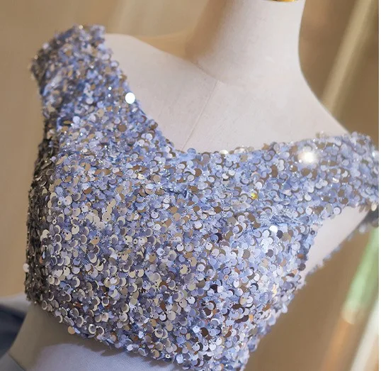 Elegante Himmelblau Pailletten Satin Ballkleider 2024 A Linie V-Ausschnitt Ärmel Rückenfreies Schleife Sweep / Pinsel Zug Ball Festliche Kleider