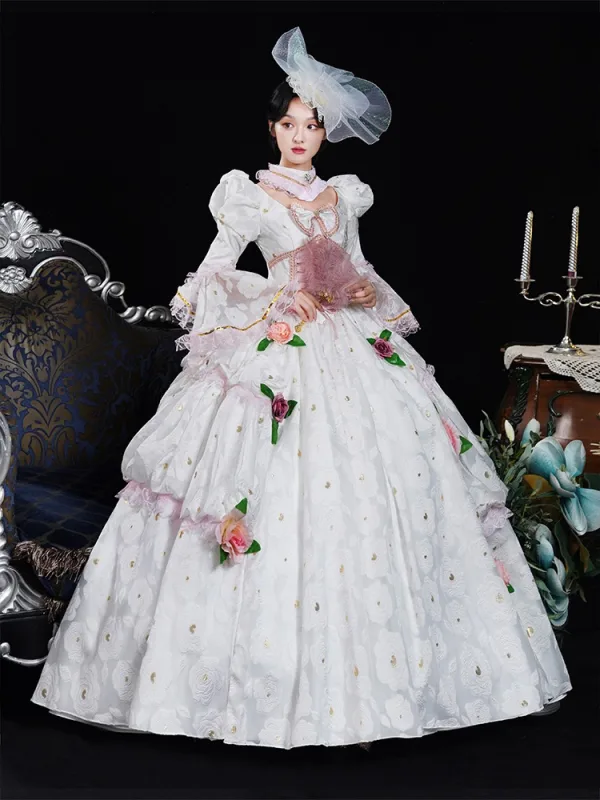 Medieval Vintage / Retro White Lace Flower Appliques Prom Dresses 2025 Ball Gown High Neck Bell sleeves Floor-Length / Long Prom Formal Dresses